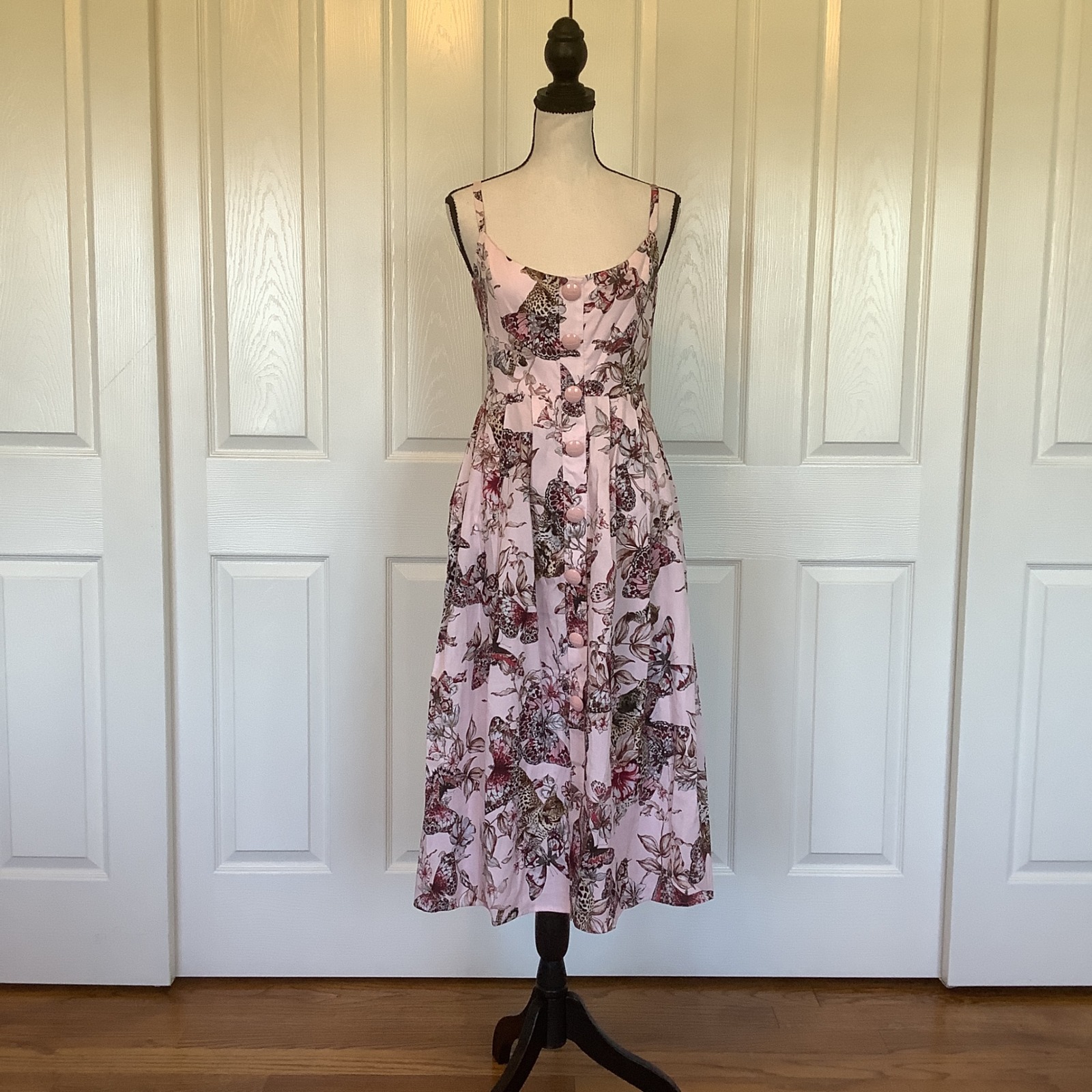 L'agence Reanne Midi Dress Pink Butterfly Jungle Leopard Print Size 2 Nwt